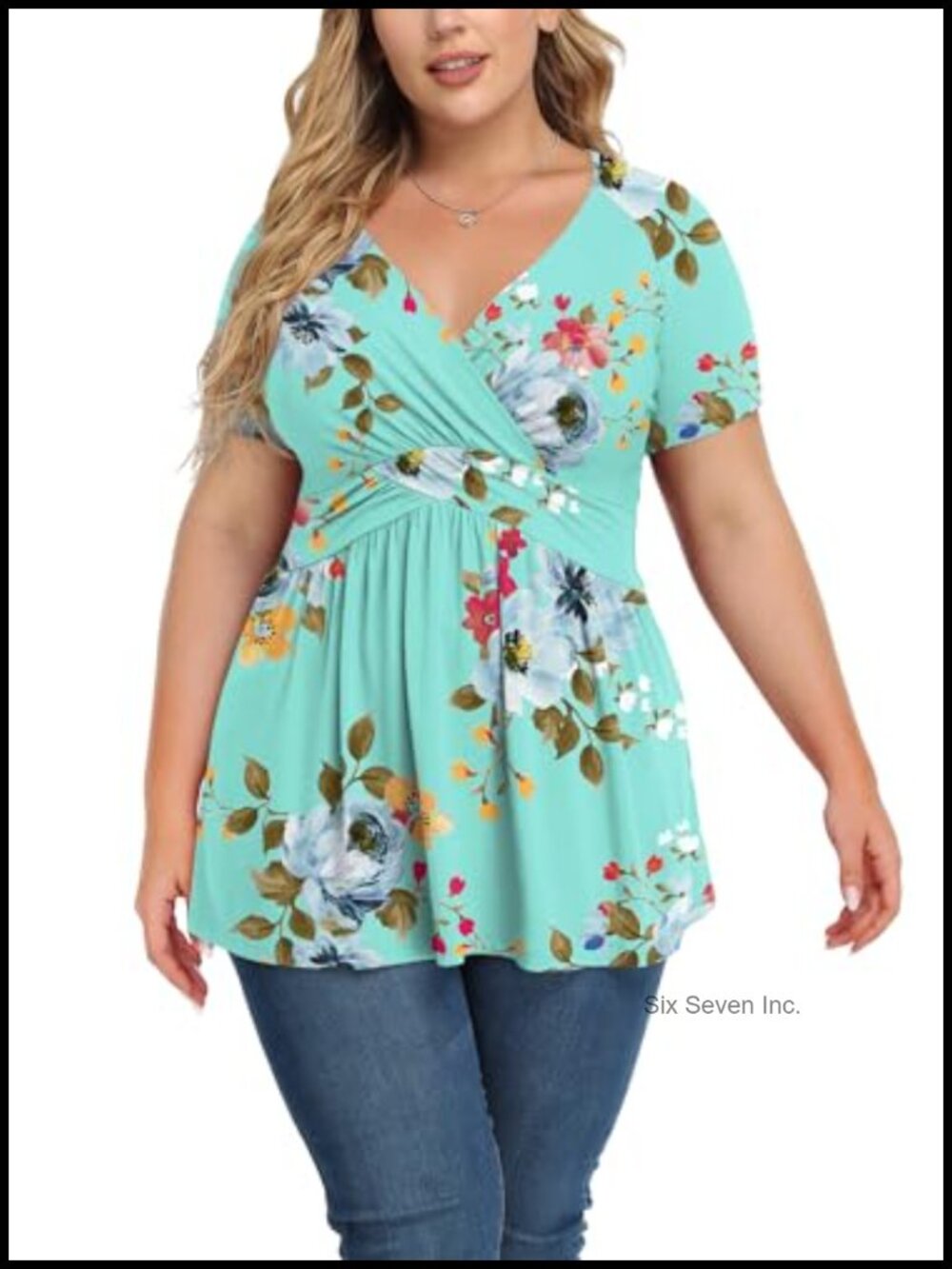 Plus Size V Neck Short Sleeve Tunic Top Peasant Blouse Casual Flowy